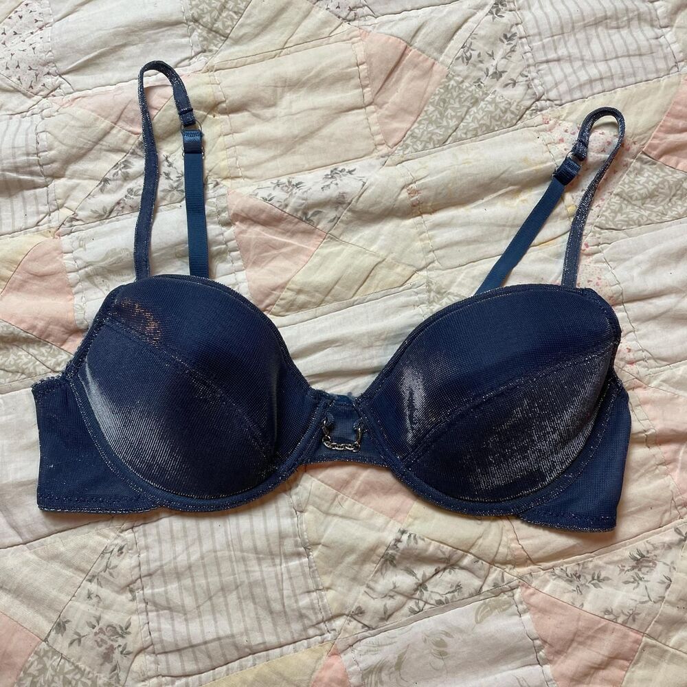 vintage y2k metallic navy blue silver color shift glitter bra chain charm 34c